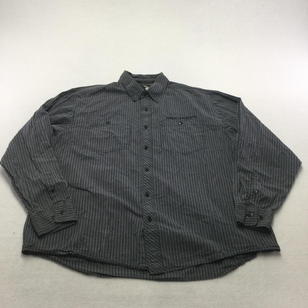 Harley Davidson Shirt Mens XL Gray Striped Long Sleeve Embroidered Button-Up